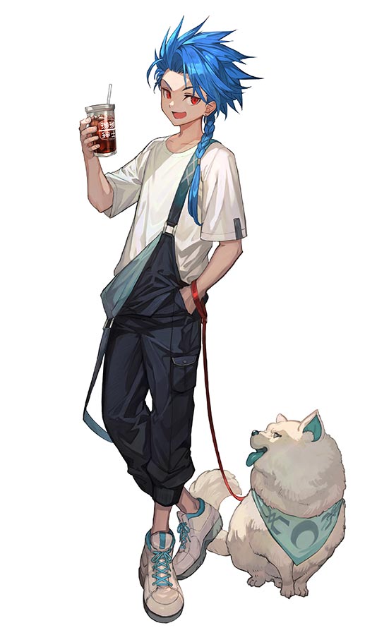1boy bishounen blue_hair braid braided_ponytail child cu_chulainn_(fate) dog fate/grand_order fate_(series) lack leash long_hair looking_at_viewer male_focus overalls red_eyes setanta_(fate) shirt simple_background solo spiked_hair white_background white_footwear white_shirt
