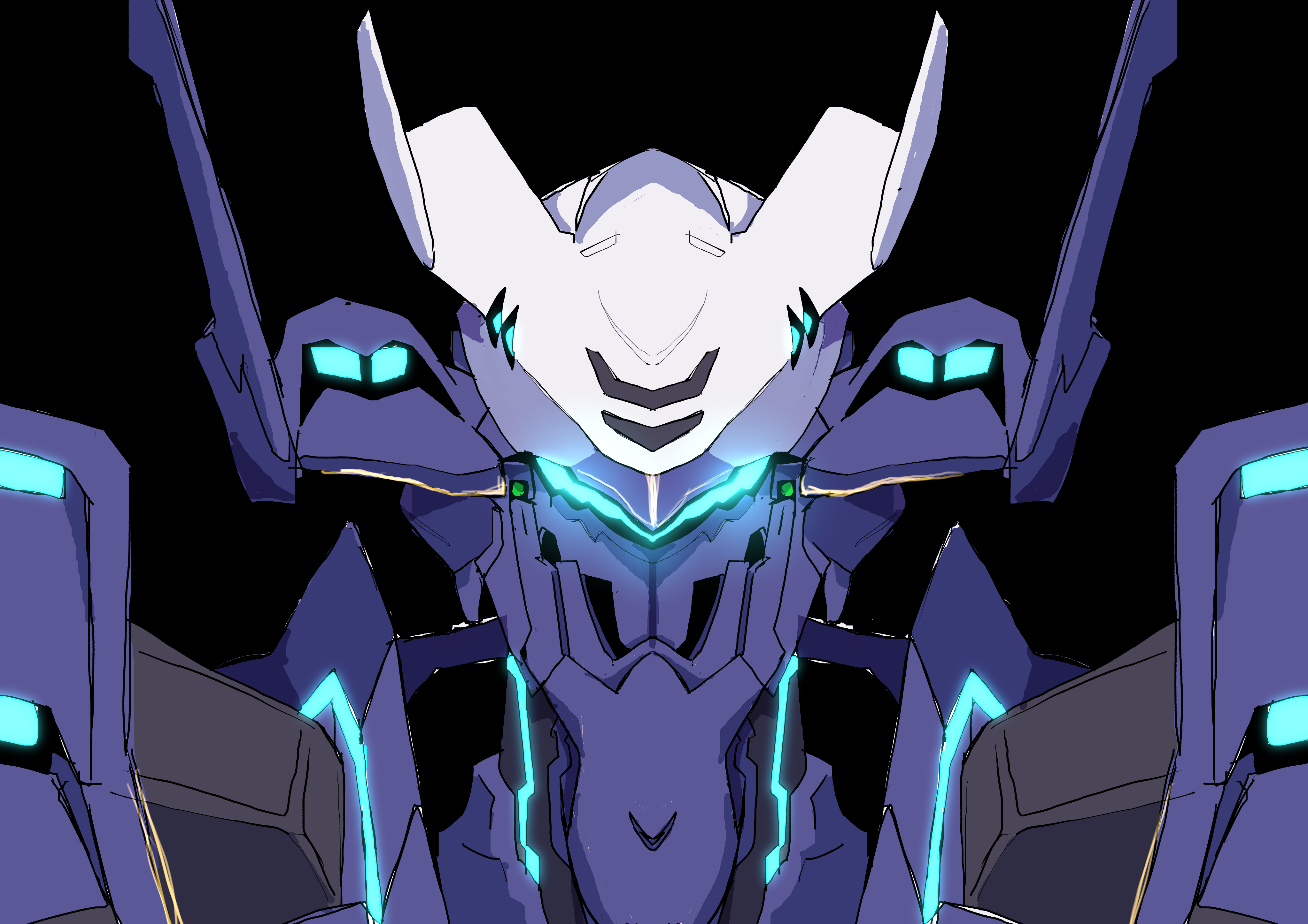 absurdres assault_visor black_background glowing highres legna1113 mecha mecha_focus muv-luv muv-luv_alternative muv-luv_total_eclipse no_humans portrait robot science_fiction straight-on tactical_surface_fighter xfj-01a_shiranui