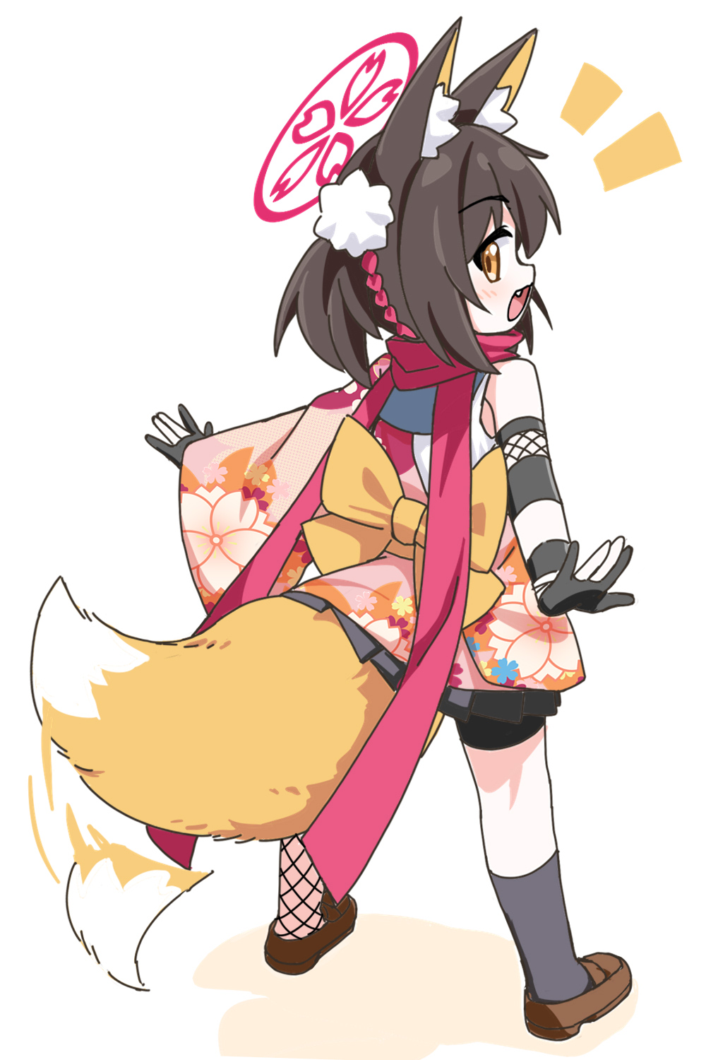 1girl :d a-pose afterimage aged_down animal_ear_fluff animal_ears asymmetrical_legwear back_bow black_gloves black_skirt blue_archive blush bow brown_hair brown_shoes commentary expressive_tail fang fox_ears fox_girl fox_tail from_behind full_body gloves hair_ornament halo happy highres huge_bow izuna_(blue_archive) loafers long_scarf looking_at_viewer looking_back medium_hair miniskirt mismatched_legwear motion_lines needle_(574187457) notice_lines open_mouth partially_fingerless_gloves pink_halo pink_scarf pleated_skirt pom_pom_(clothes) pom_pom_hair_ornament scarf school_uniform shirt shoes simple_background skirt sleeveless sleeveless_shirt smile solo standing tail tail_wagging white_background white_shirt yellow_bow yellow_eyes