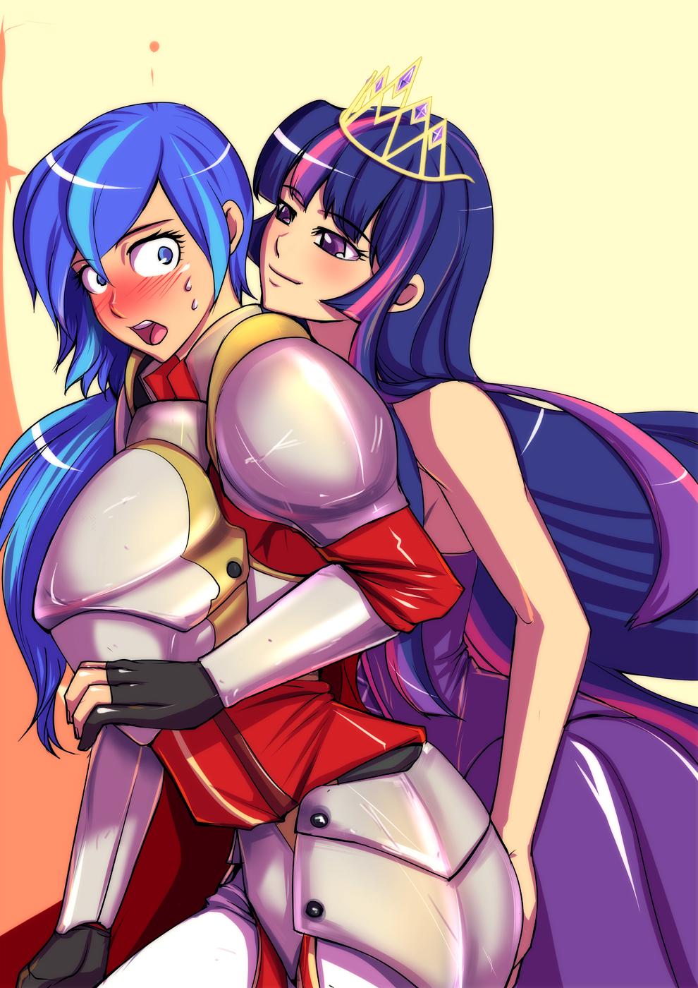 2girls armor bakki blue_eyes blue_hair blush breasts dress fingerless_gloves gender_request genderswap gloves groping hand_on_ass highres incest large_breasts long_hair looking_back multicolored_hair multiple_girls my_little_pony my_little_pony:_friendship_is_magic open_mouth purple_eyes purple_hair shining_armor surprised sweat tiara twilight_sparkle very_long_hair yuri
