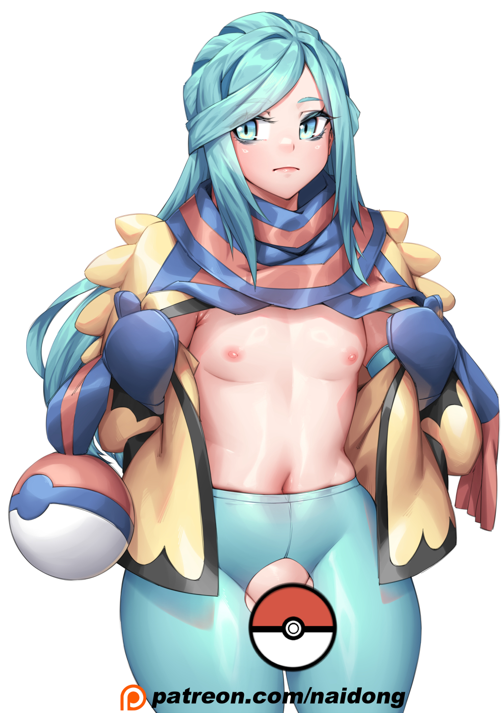 1boy aqua_hair aqua_leggings armpit_crease armpits blue_eyes blue_gloves blue_hair censored closed_mouth crotchless gloves grusha_(pokemon) highres jacket leggings long_hair male_focus naidong_(artist) navel nintendo nipples pectorals penis pokemon pokemon_sv scarf simple_background solo trap white_background
