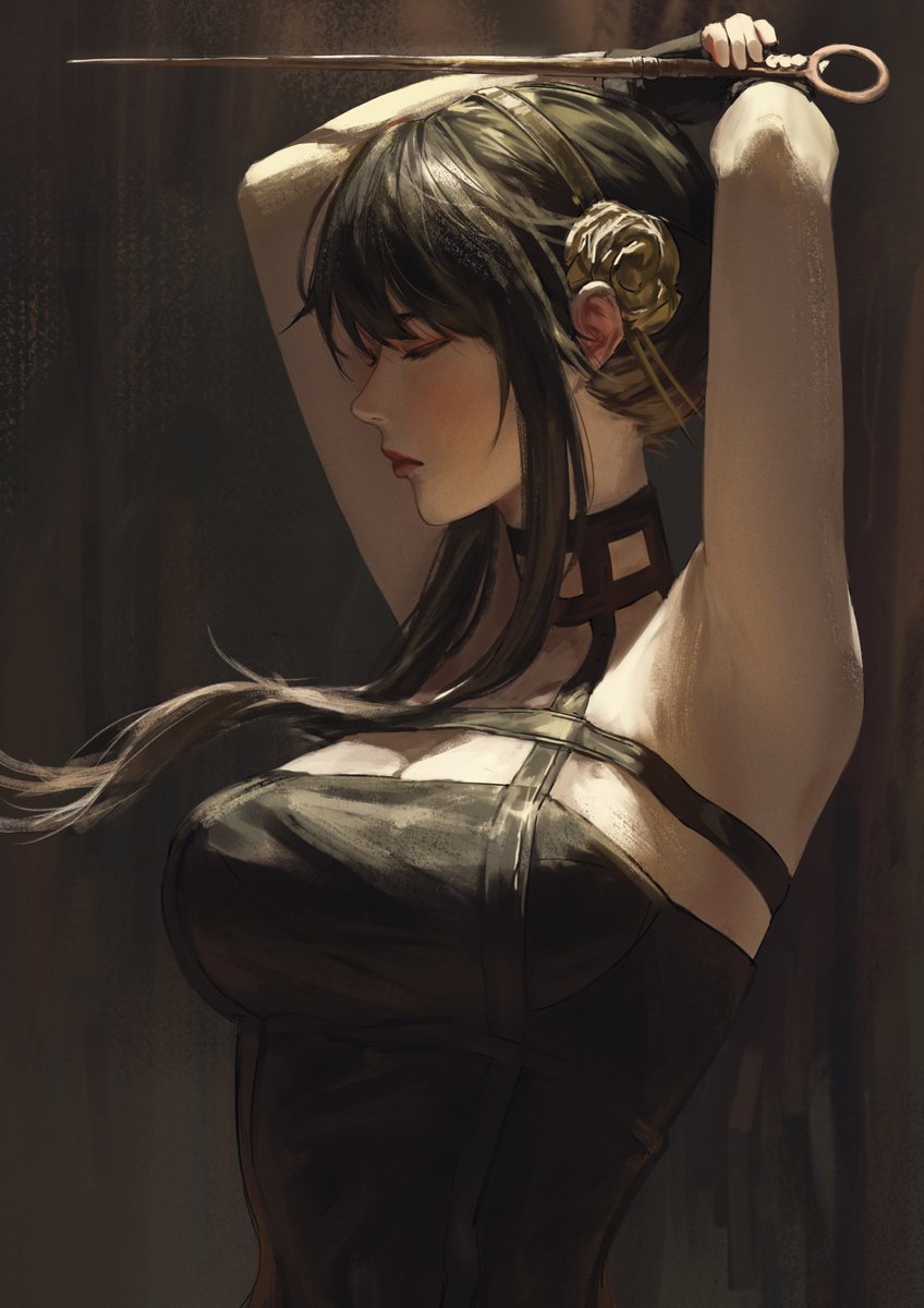 1girl arms_up black_dress black_hair breasts closed_eyes closed_mouth dagger dress grey_hairband hairband highres holding holding_weapon knife large_breasts luxearte solo spy_x_family stiletto_(weapon) weapon yor_briar