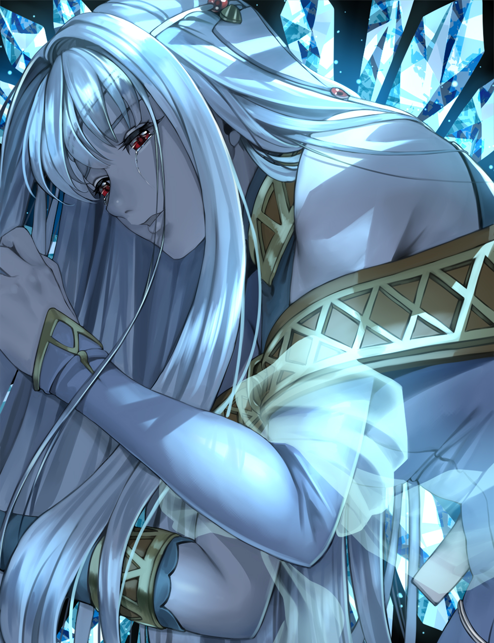 1girl crying crying_with_eyes_open crystal delsaber dress fire_emblem fire_emblem:_the_blazing_blade highres long_hair ninian_(fire_emblem) nintendo off-shoulder_dress off_shoulder parted_lips red_eyes solo tears white_dress