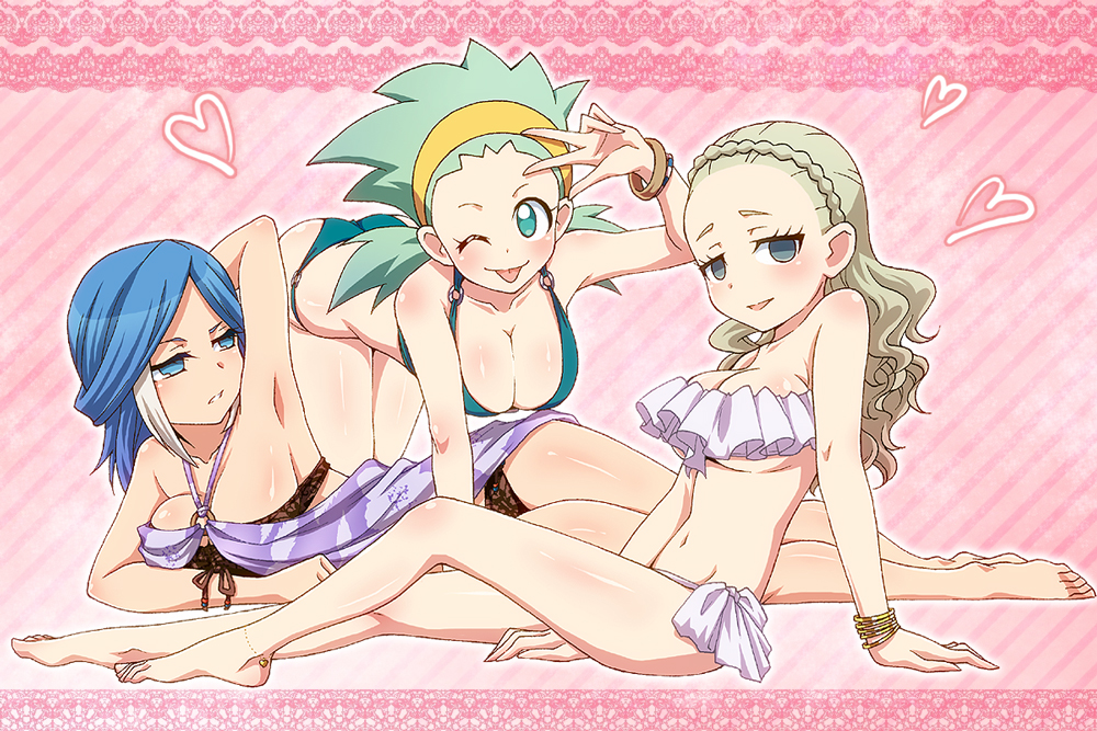 3girls anklet barefoot bikini blue_eyes blue_hair blush bracelet breasts cleavage crossover green_eyes green_hair guel hairband heart inazuma_eleven inazuma_eleven_(series) inazuma_eleven_go inazuma_eleven_go_chrono_stone jewelry large_breasts long_hair maron_(quintet_colors) multiple_girls navel no_pupils smile_(inazuma_eleven) swimsuit tongue twintails urubida v wink yagami_reina