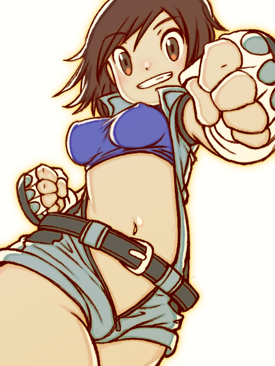 1girl beeru_(veil8801) belt black_belt blue_sports_bra bodysuit breasts brown_eyes brown_hair clenched_hands covered_erect_nipples fingerless_gloves gloves grey_bodysuit grin highres kazama_asuka medium_breasts navel short_hair simple_background smile solo sports_bra teeth tekken white_background white_gloves zipper zipper_pull_tab