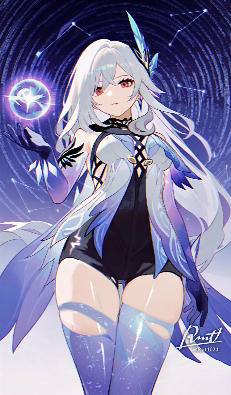 1girl artist_name bare_shoulders breasts butterfly_hair_ornament closed_mouth commentary_request detached_sleeves earrings expressionless genshin_impact gloves gradient_legwear grey_hair hair_between_eyes hair_ornament highres jewelry long_hair looking_at_viewer medium_breasts red_eyes rut1024 skirk_(genshin_impact) solo thigh_gap thighhighs thighs very_long_hair