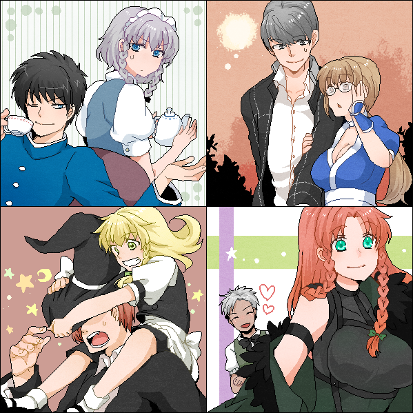 4boys 4girls adapted_costume apron black_shirt blonde_hair blue_jacket bow braid carrying carrying_person cosplay costume_switch crescent crossover cup dead_or_alive glasses green_eyes grey_hair hair_bow hat hat_bow heart holding holding_another&#039;s_arm holding_cup hong_meiling izayoi_sakuya jacket japanese_clothes kasumi_(doa) kirisame_marisa krizalid kuroneko_(44yen) looking_at_another m.u.g.e.n melty_blood multiple_boys multiple_crossover multiple_girls nanaya_shiki narukami_yu one_eye_closed open_hand persona persona_4 red_hair school_uniform shirt shoulder_carry side_braid single_braid smile star_(symbol) teapot the_king_of_fighters touhou tsukihime twin_braids waist_apron white_bow witch_hat yagami_iori