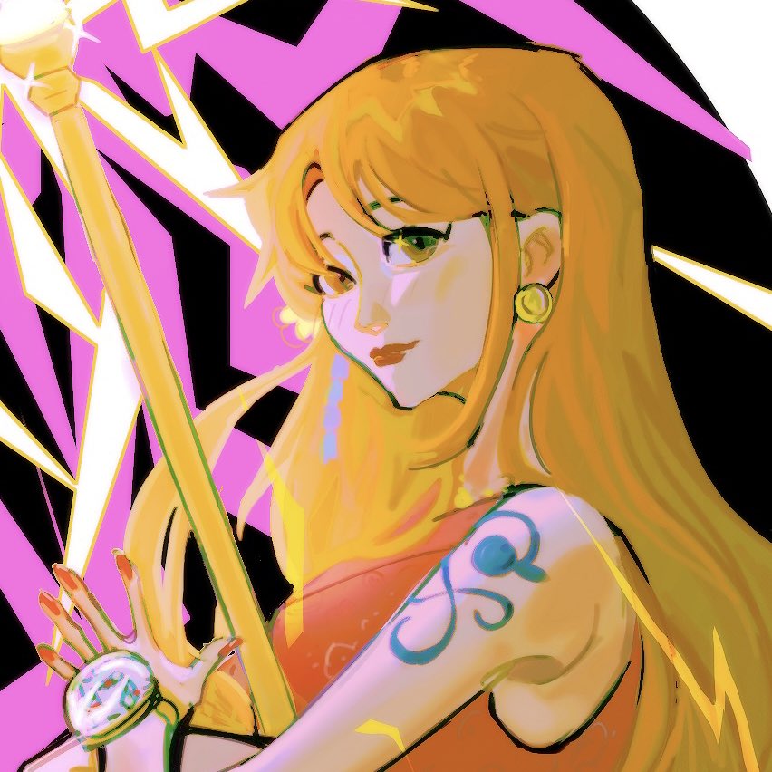1girl arm_tattoo bare_shoulders clima-tact closed_mouth commentary earrings electricity english_commentary holding holding_staff japanese_clothes jewelry kimono long_hair nami_(one_piece) nami_(one_piece)_(onigashima) one_piece orange_hair red_hair red_kimono red_lips serpentire shoulder_tattoo sidelocks sleeveless sleeveless_kimono smile solo staff tattoo upper_body