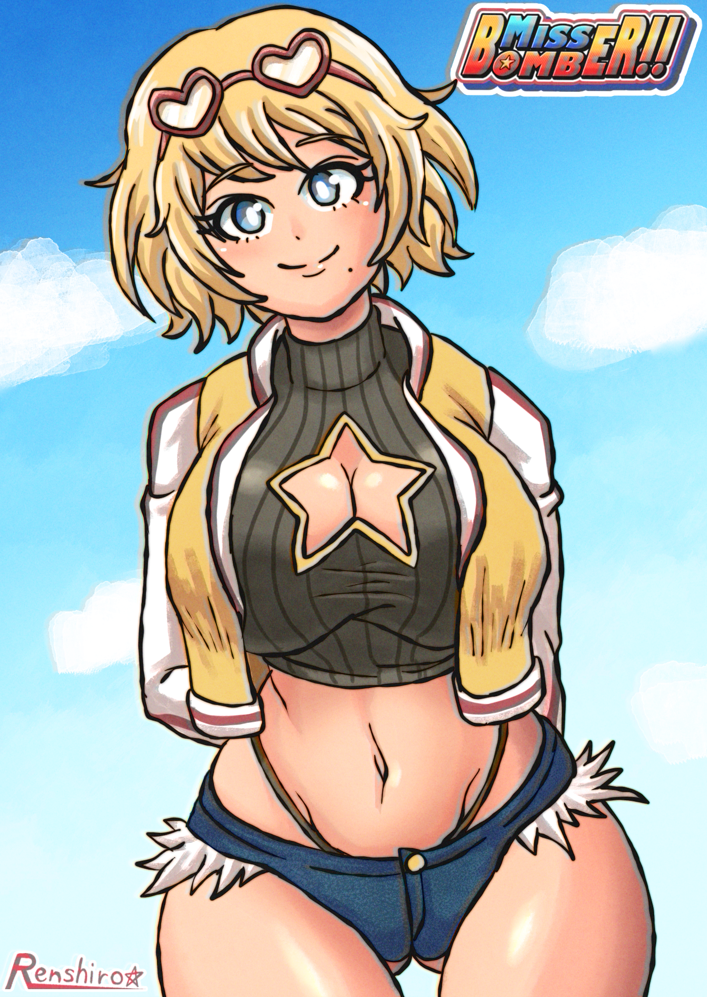 1girl 2021 arms_at_sides arms_behind_back ass black_sweater blazer blonde_hair blue_eyes blush breasts casual cleavage clothing_cutout cloud cloudy_sky collarbone commentary cowboy_shot day denim denim_shorts english_commentary female_focus gluteal_fold highres jacket large_breasts letterman_jacket micro_shorts midriff miss_bomber!! miss_bomber_(character) mole mole_under_mouth open_clothes original outdoors shiny_skin shorts simple_background sky solo standing star_(symbol) sweater swept_bangs tareme taut_clothes tonshirou_(christar) turtleneck turtleneck_sweater whale_tail_(clothing) yellow_jacket yellow_pupils