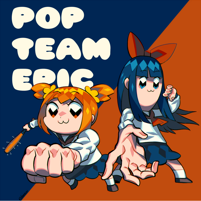 2girls :3 baseball_bat blue_background blue_eyes blue_hair bow clenched_hand edarow full_body hair_bow long_hair looking_at_viewer multiple_girls orange_background orange_eyes orange_hair pipimi poptepipic popuko school_uniform serafuku short_twintails standing twintails