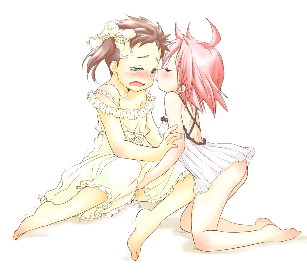 00s 1boy 1girl ahoge ass bare_shoulders barefoot blush bow brown_hair crossdressing cum femdom fingering frills green_eyes hair_bow hand_under_clothes handjob hetero kogami_akira lucky_star nightgown no_panties penis pink_hair shiraishi_minoru short_hair side_ponytail tears tongue tongue_out ubizo yellow_eyes