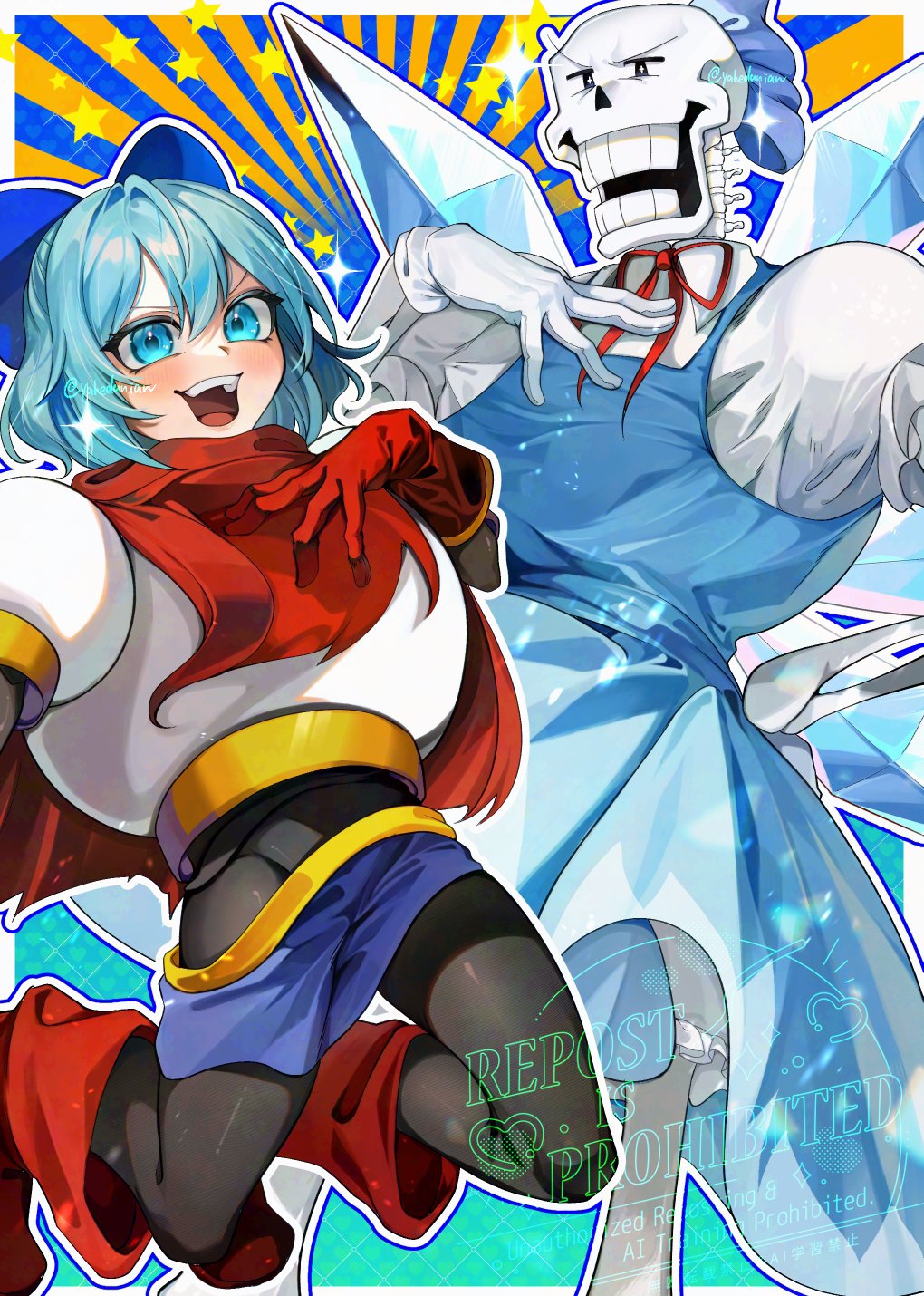 blue_dress blue_hair bone bow cirno cirno_(cosplay) cosplay costume_switch crossover dress fairy_wings hair_bow highres ice ice_wings papyrus_(undertale) papyrus_(undertale)_(cosplay) pinafore_dress skeleton sleeveless sleeveless_dress touhou undertale watermark wings yahedanian
