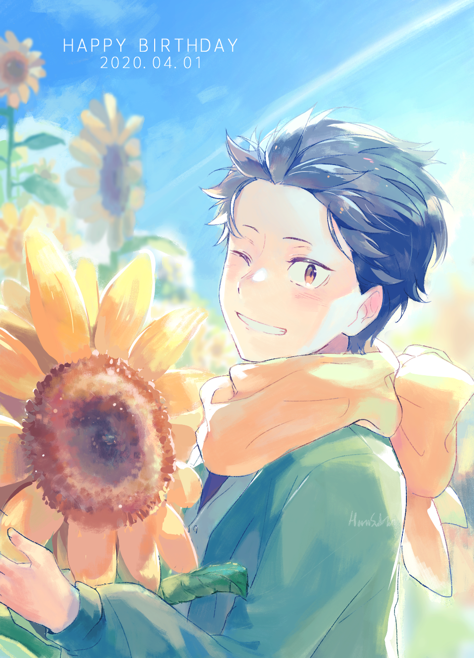 1boy ;d bad_id bad_pixiv_id black_hair field flower flower_field hair_slicked_back happy_birthday harusabin highres long_sleeves male_focus natsuki_subaru one_eye_closed open_mouth re:zero_kara_hajimeru_isekai_seikatsu scarf smile solo sunflower sunflower_field