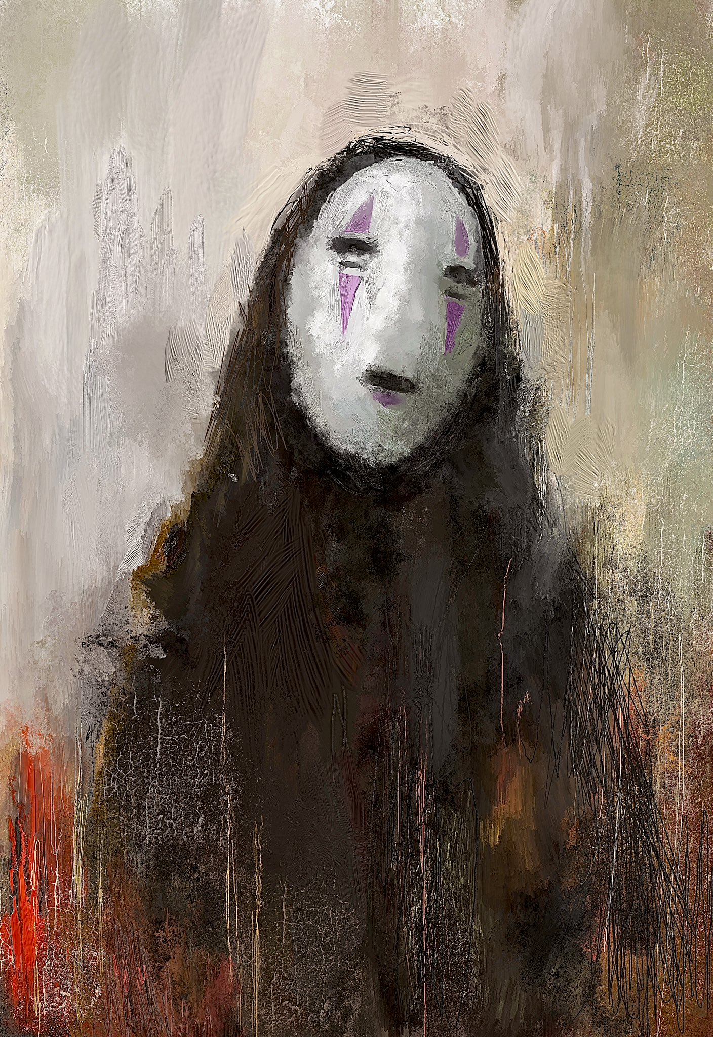 1other abstract facing_viewer fuyumurasaki highres kaonashi looking_at_viewer mask mask_on_head no_humans painterly sen_to_chihiro_no_kamikakushi solo spirit studio_ghibli upper_body white_mask