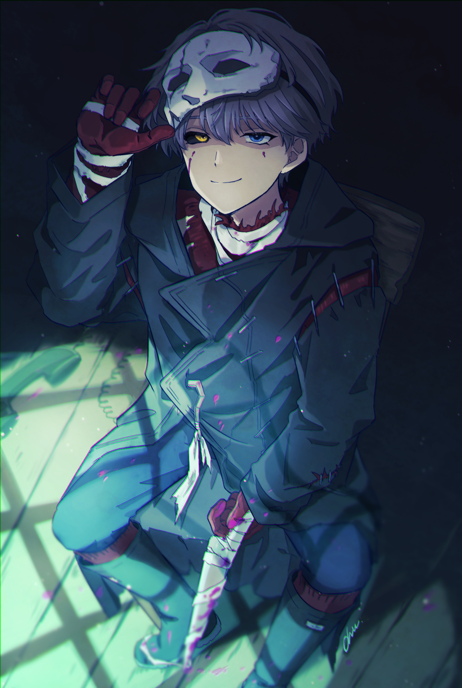 1boy adjusting_mask black_boots black_coat black_sclera blue_eyes blue_pants boots chair coat colored_sclera corded_phone dark eye_mask from_above full_body gloves grey_hair hand_up highres holding holding_knife indoors knee_boots knife looking_at_viewer male_focus mask mask_on_head mismatched_sclera official_alternate_costume ohuman on_chair paint_on_clothes paint_splatter paint_splatter_on_face pants phone red_gloves red_shirt reverse:1999 shirt short_hair sitting smile solo window_shadow wooden_floor x_(breathing_in_silence)_(reverse:1999) x_(reverse:1999) yellow_eyes