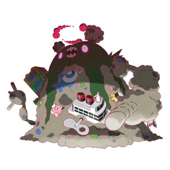 artist_request asymmetrical_arms clefairy dynamax fish_skeleton full_body garbodor gen_1_pokemon gen_5_pokemon gigantamax gigantamax_garbodor nintendo no_humans official_art open_mouth pokemon pokemon_(creature) pokemon_focus pokemon_swsh red_clouds sharp_teeth solo stuffed_toy substitute_(pokemon) teeth third-party_source toy_airplane toy_boat toy_car transparent_background winding_key