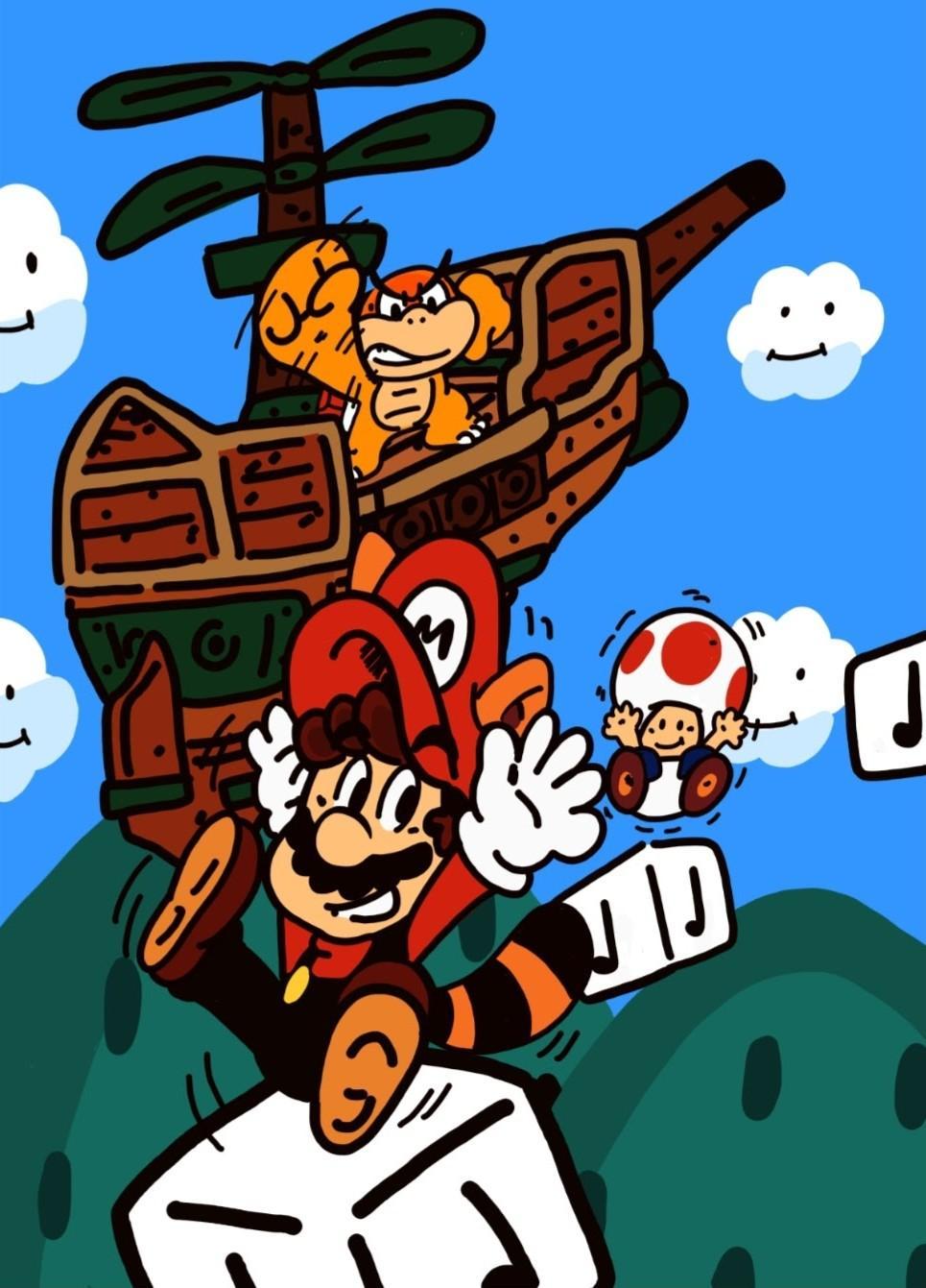 1boy a aircraft airship animal_ears boom_boom brown_hair day facial_hair gloves hat highres jumping looking_at_another mario mario_(series) musical_note mustache nintendo note_block_(mario) overalls raccoon_ears raccoon_mario raccoon_tail super_mario_bros._3 tail toad_(mario)
