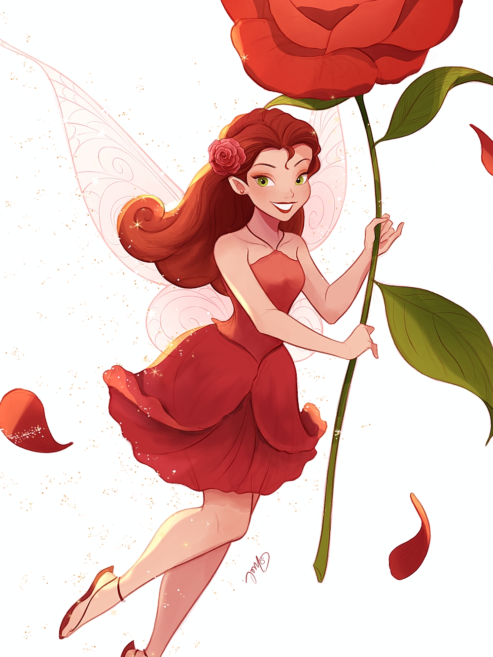 1girl disney_fairies_(film_series) dress fairy fairy_wings flower green_eyes grin hair_flower hair_ornament highres holding holding_flower long_hair looking_at_viewer melchencanto mini_person minigirl pointy_ears red_dress red_flower red_hair red_petals red_rose red_sandals rose rosetta_(disney) sandals signature simple_background sleeveless sleeveless_dress smile solo white_background wings