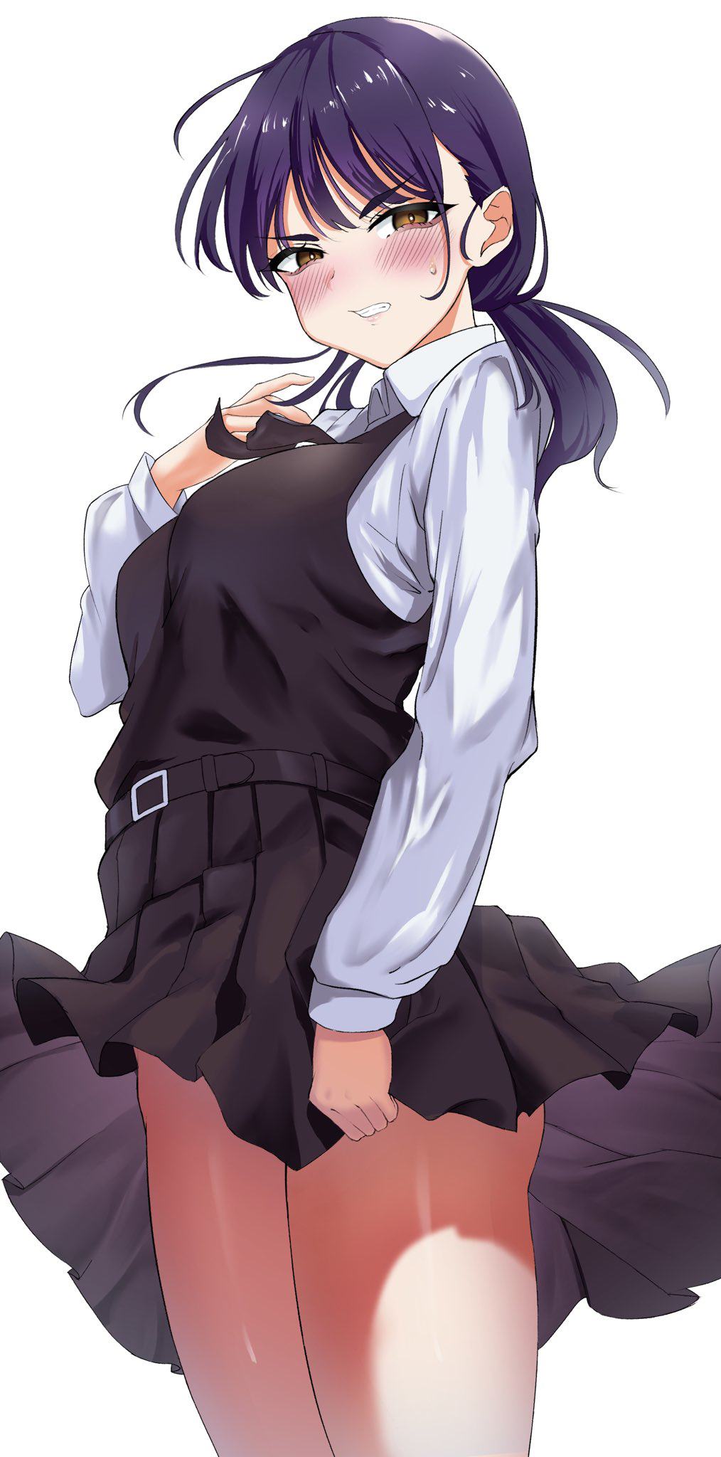 1girl ass belt black_dress black_hair blush brown_eyes chainsaw_man collared_shirt commentary dress highres long_sleeves mitaka_asa pinafore_dress pleated_dress ponytail sato_one1 shirt simple_background sleeveless sleeveless_dress solo white_background white_shirt