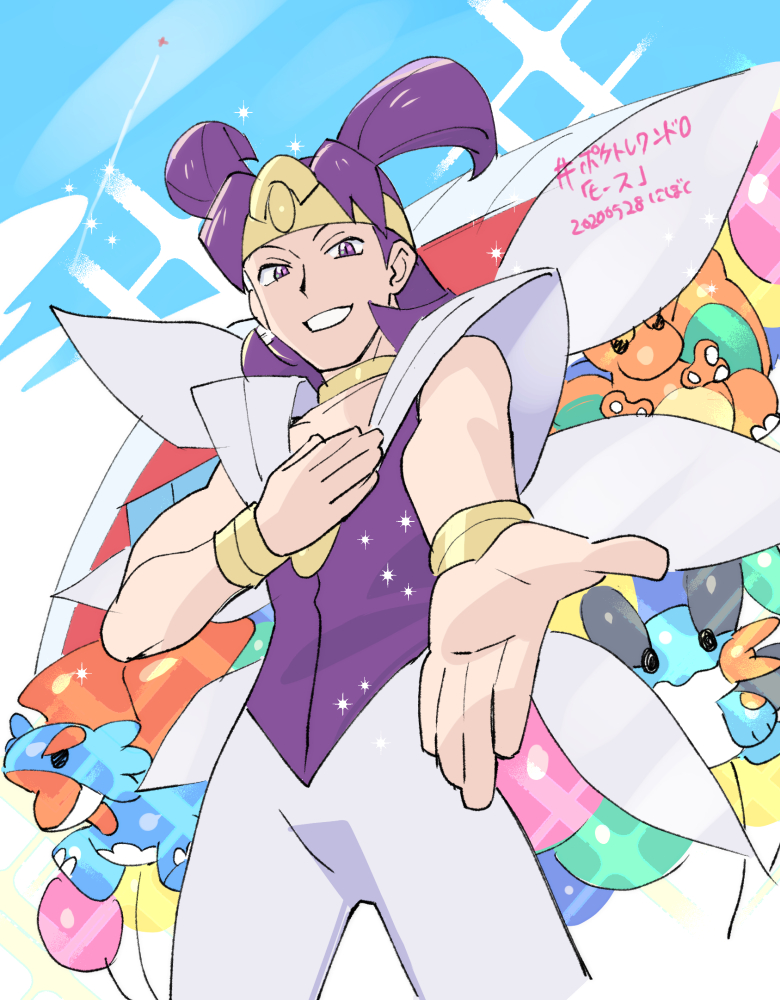 1boy charizard fake_wings from_below frontier_brain gen_1_pokemon gen_3_pokemon headband looking_at_viewer male_focus nibo_(att_130) nintendo outstretched_hand pants parted_bangs pokemon pokemon_(creature) pokemon_emerald pokemon_rse purple_eyes purple_hair salamence sleeveless smile swampert translation_request tucker_(pokemon) white_pants wings wristband