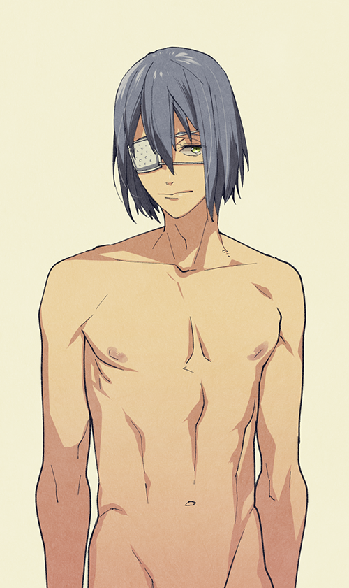 1boy eyepatch green_eyes groin high_speed! male_focus megumi-square nipples nude purple_hair serizawa_nao short_hair simple_background solo