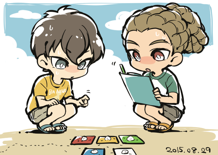 2boys ant blue_sky brown_hair bug cloud dated flat_color fudou_akio dreadlocks inazuma_eleven inazuma_eleven_(series) bug kidou_yuuto male_focus multiple_boys outdoors overexposure saku_anna sandals short_hair sky squatting sweat aged_down