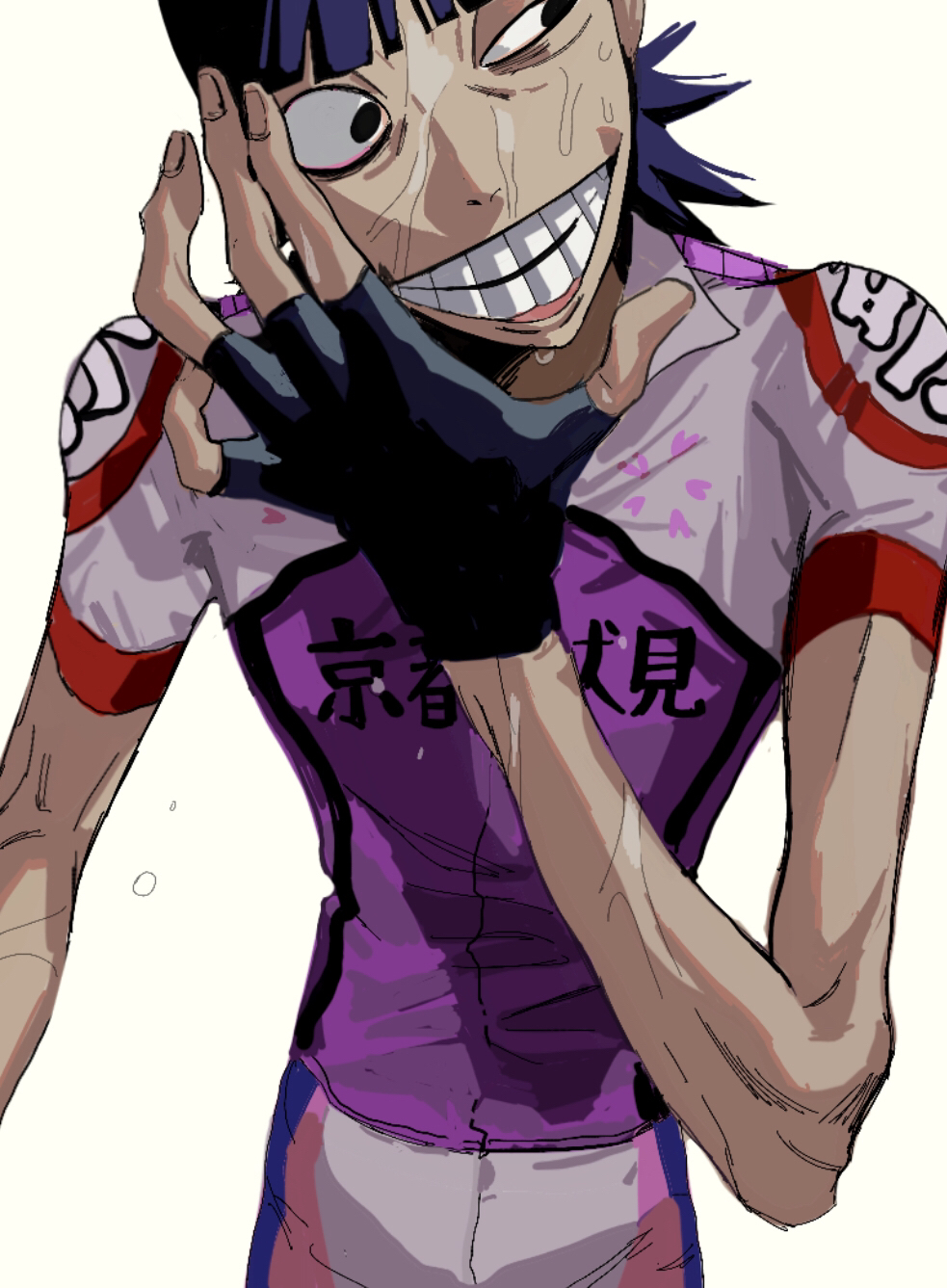 1boy bags_under_eyes black_eyes black_gloves blunt_bangs broad_shoulders commentary commentary_request cowboy_shot cycling_uniform english_commentary fingerless_gloves gloves grin hand_up highres long_arms looking_to_the_side male_focus midousuji_akira purple_hair purple_shirt shirt short_hair short_sleeves simple_background skinny smile solo standing sweat takushi_(taxi739) uneven_eyes very_sweaty white_background yowamushi_pedal