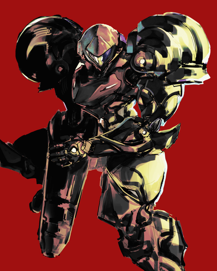 1girl arm_cannon armor cowboy_shot facing_viewer helmet kurebuster metroid nintendo pauldrons power_armor power_suit_(metroid) red_background samus_aran shoulder_armor solo varia_suit visor_(armor) weapon