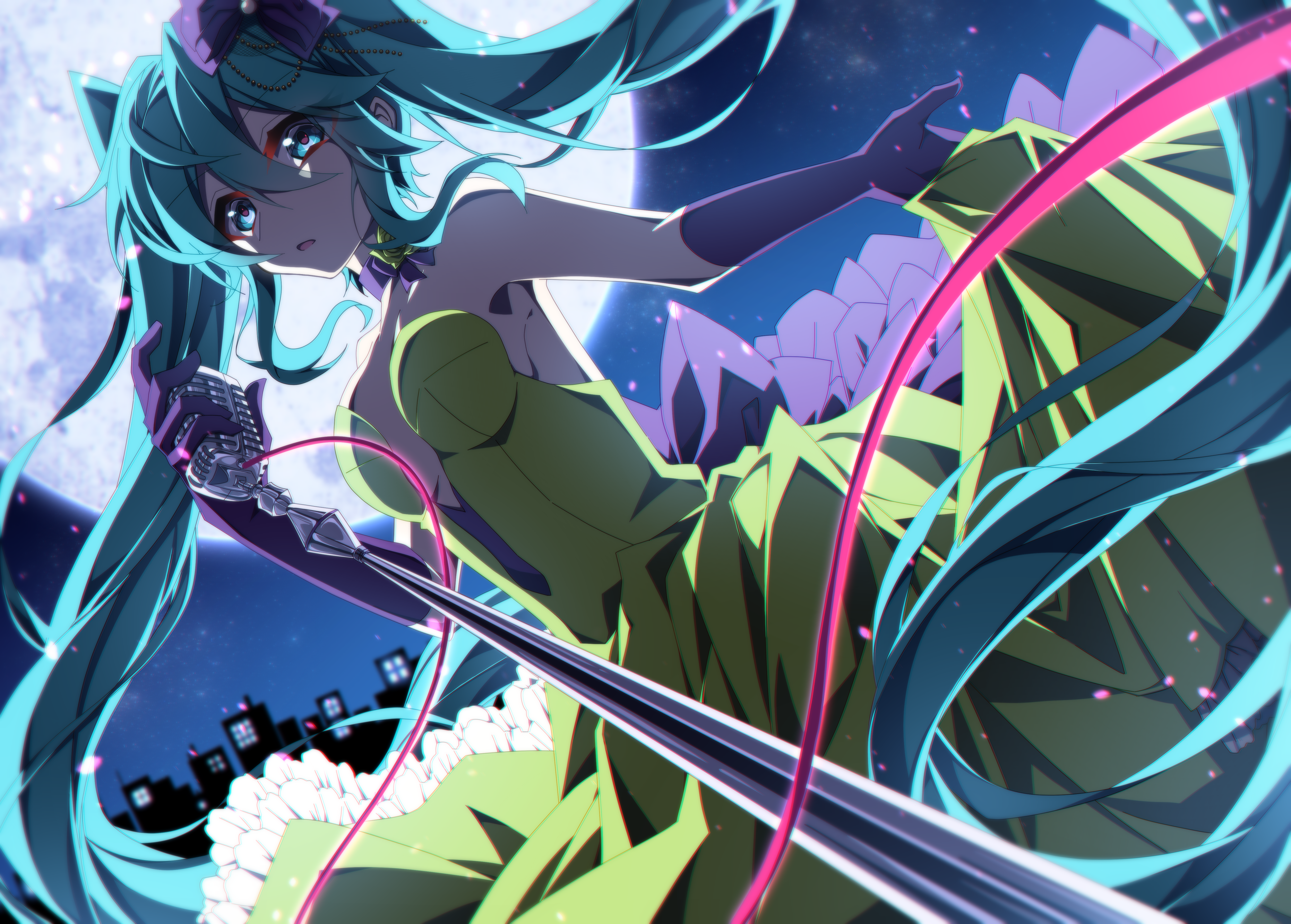 1girl absurdres aosaki_yato aqua_eyes aqua_hair backless_dress backless_outfit bow commentary cowboy_shot dress dutch_angle elbow_gloves foreshortening frilled_skirt frills from_below full_moon gloves green_dress hair_bow hatsune_miku hatsune_miku_(siren) highres holding holding_microphone kochira_koufuku_anshin_iinkai_desu_(vocaloid) long_hair looking_at_viewer microphone microphone_stand moon night night_sky open_mouth purple_bow purple_gloves siren_(mythology) skirt skirt_hold sky solo twintails very_long_hair vocaloid