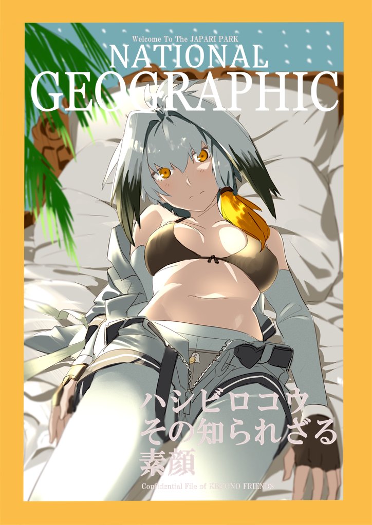 10s 1girl arms_at_sides bare_shoulders bed bed_sheet belt black_bra black_gloves black_hair blush bra breasts breasts_apart closed_mouth clothes_pull collarbone cowboy_shot female_focus fingerless_gloves gloves grey_hair grey_pantyhose grey_shirt kemono_friends long_hair looking_at_viewer low_ponytail lying medium_breasts multicolored_hair national_geographic navel ningen_(ningen96) on_back on_bed open_clothes open_fly open_shirt open_shorts orange_eyes orange_hair panties panties_under_pantyhose pantyhose parody pillow ponytail shirt shoebill_(kemono_friends) short_sleeves shorts shorts_pull side_ponytail solo stomach underwear unzipped yellow_eyes