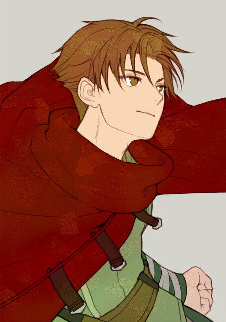 1boy brown_eyes brown_hair cloak closed_mouth fire_emblem fire_emblem:_the_blazing_blade kiyuu looking_to_the_side male_focus matthew_(fire_emblem) nintendo red_cloak short_hair upper_body