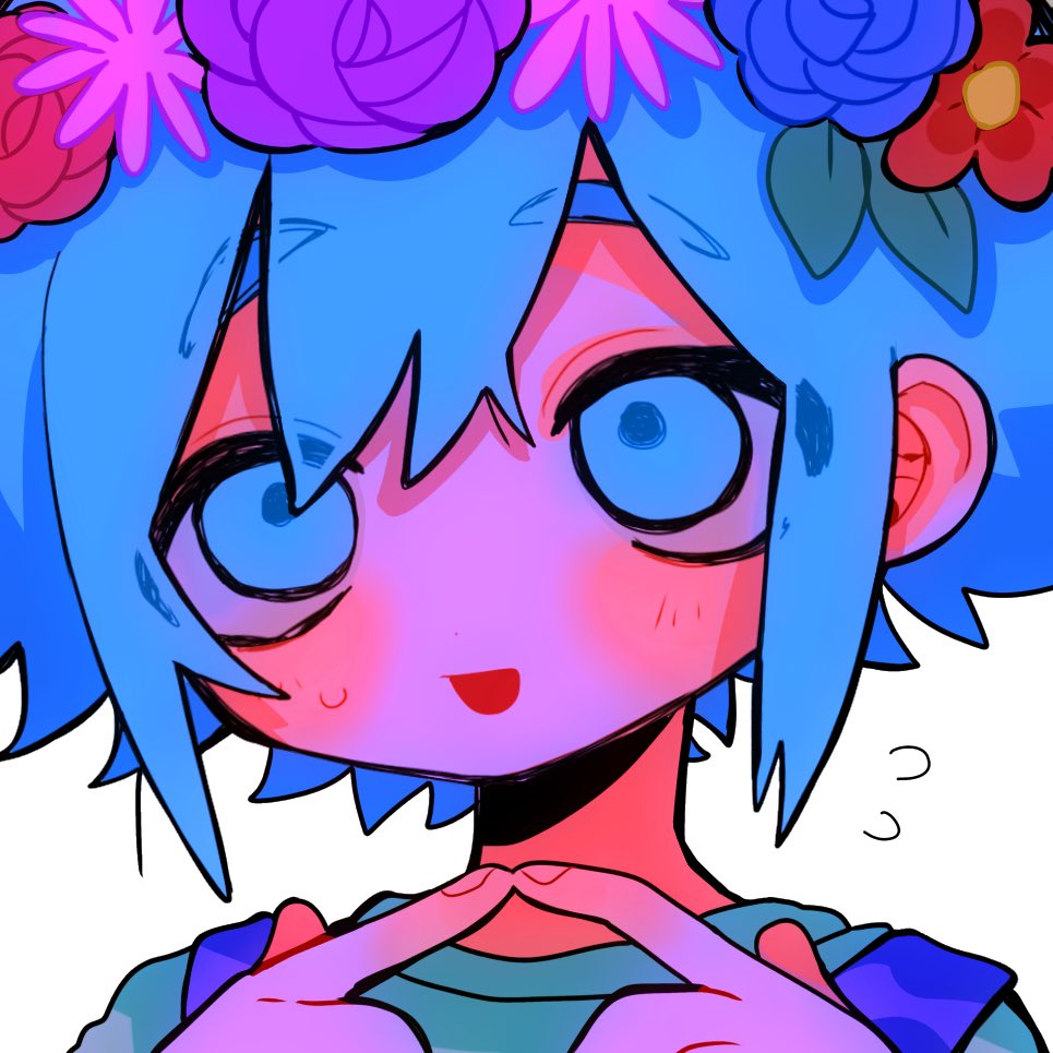 1boy basil_(headspace)_(omori) basil_(omori) blue_overalls blush close-up flower flying_sweatdrops green_eyes green_hair green_shirt head_wreath index_fingers_together kobanzame_omo male_focus omori open_mouth overalls shirt short_hair simple_background smile solo t-shirt upper_body white_background