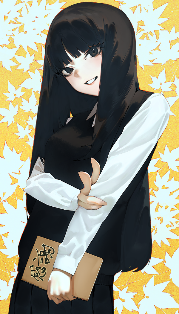 1girl black_eyes black_hair black_skirt black_sweater_vest book holding holding_book leaf leaf_background long_hair long_sleeves mi8pq original pleated_skirt shirt skirt solo sweater_vest teeth white_shirt