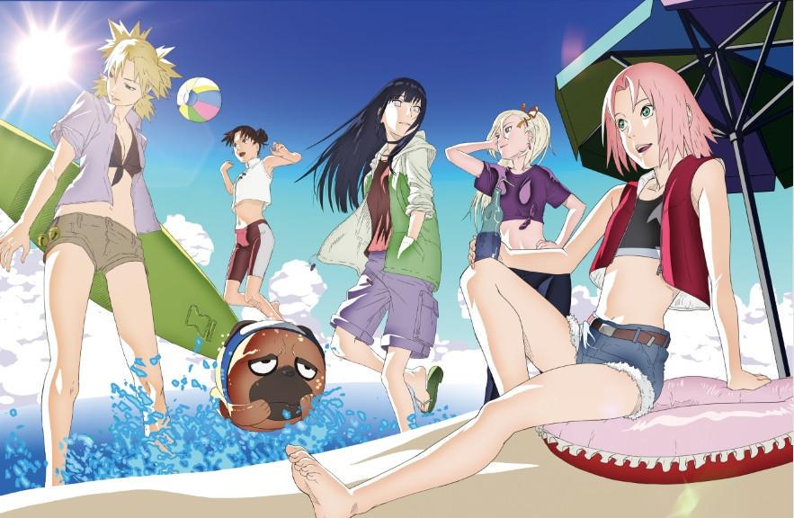 5girls ball barefoot beach beachball black_hair blonde_hair blue_sky cleaned denim denim_shorts double_bun flip-flops hair_bun haruno_sakura hime_cut hood hoodie hyuuga_hinata jumping lens_flare midriff multiple_girls naruto_(series) naruto_shippuuden navel official_art pakkun_(naruto) pink_hair ponytail quad_tails sand sandals short_hair shorts sky surfboard swimsuit temari_(naruto) tenten_(naruto) umbrella water yamanaka_ino