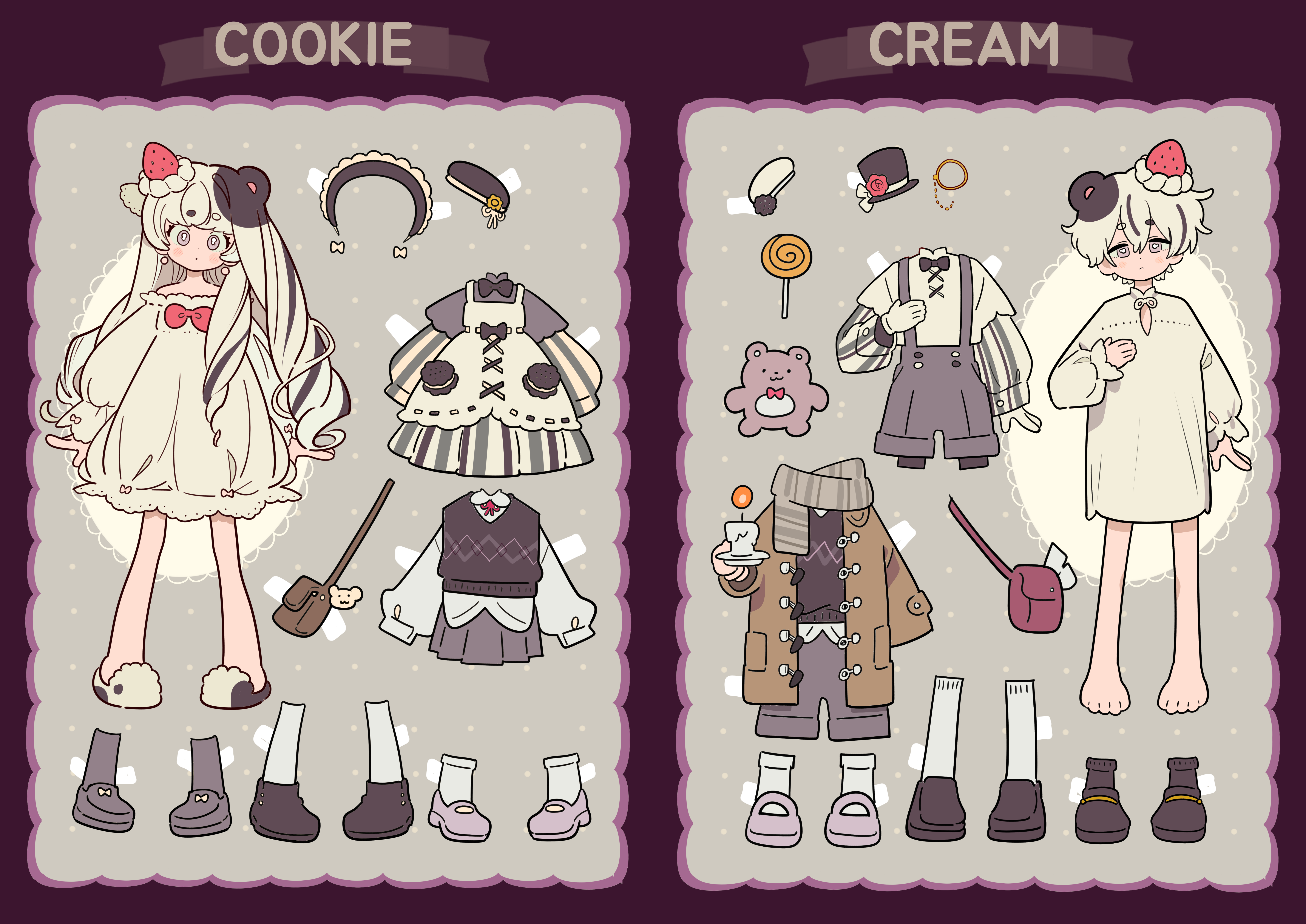 1boy 1girl absurdres animal_ears bag barefoot black_hat black_shoes black_sweater_vest bow brown_coat candle candy coat commentary dolman_(dm) dress dress-up duffel_coat earrings food food-themed_hair_ornament fruit grey_shoes grey_shorts grey_skirt grey_socks hair_ornament handbag hat highres holding holding_candle holding_plectrum jewelry kisekae lollipop long_hair long_sleeves looking_at_viewer monocle multicolored_hair nightshirt open_clothes open_coat original plectrum red_bow shirt shoes short_dress short_hair shorts skirt slippers socks standing strawberry streaked_hair striped_clothes striped_dress striped_shirt stuffed_animal stuffed_toy suspender_shorts suspenders sweater_vest swirl_lollipop symbol-only_commentary teddy_bear top_hat white_dress white_hair white_socks