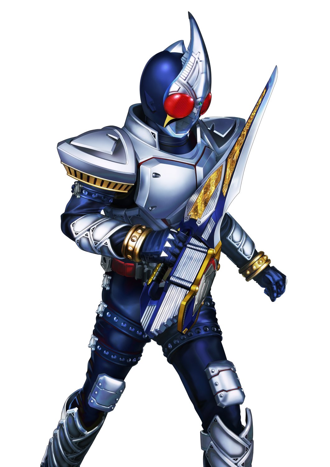 1boy armor blue_bodysuit bodysuit full_armor highres holding holding_sword holding_weapon kamen_rider kamen_rider_blade kamen_rider_blade_(series) masukudo_(hamamoto_hikaru) red_eyes rider_belt spikes sword tokusatsu vambraces weapon white_background