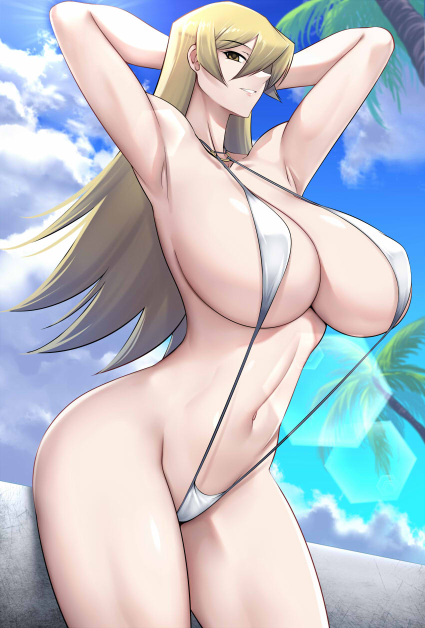 1girl blonde_hair breasts curvy day haganef highres huge_breasts long_hair looking_at_viewer navel outdoors shiny_skin tenjouin_asuka wide_hips yu-gi-oh! yu-gi-oh!_gx