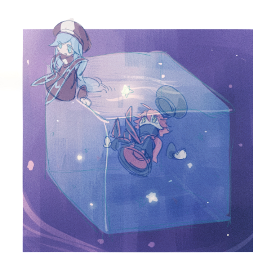 2girls black_hat black_robe black_wrist_cuffs blue_eyes blue_hair border newsboy_cap chinese_commentary commentary_request covered_mouth cube disembodied_hand dress flamberge_(kirby) francisca_(kirby) full_body gloves hair_spread_out hat hat_loss kirby_star_allies kirby_(series) long_hair multiple_girls nintendo open_mouth outside_border red_dress red_hair red_trim ripples robe short_hair siblings sisters sitting sitting_on_liquid smile somayumi space star_(symbol) straight_hair submerged turtleneck very_long_hair water white_border white_gloves wrist_cuffs
