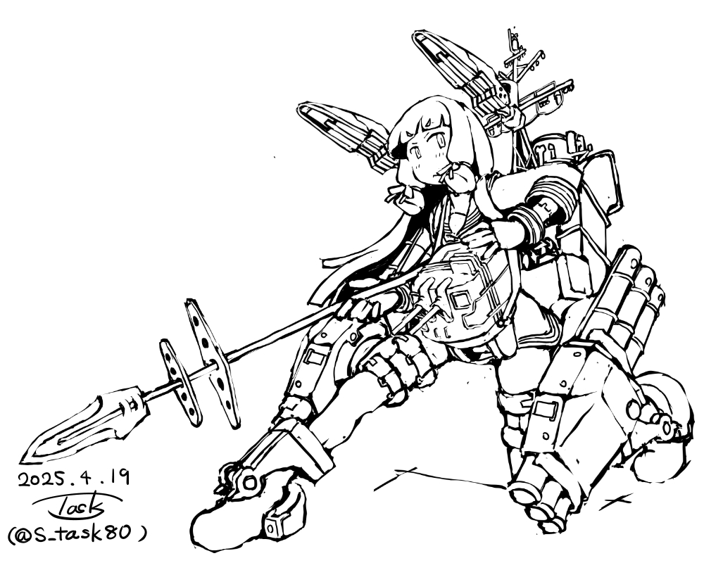 1girl artist_name blunt_bangs commentary_request dated dress floating_headgear full_body hair_ribbon headgear kantai_collection lineart machinery mast monochrome murakumo_(kancolle) one-hour_drawing_challenge polearm ribbon sailor_dress solo spear task_(s_task80) torpedo_launcher tress_ribbon twitter_username ventilation_shaft weapon