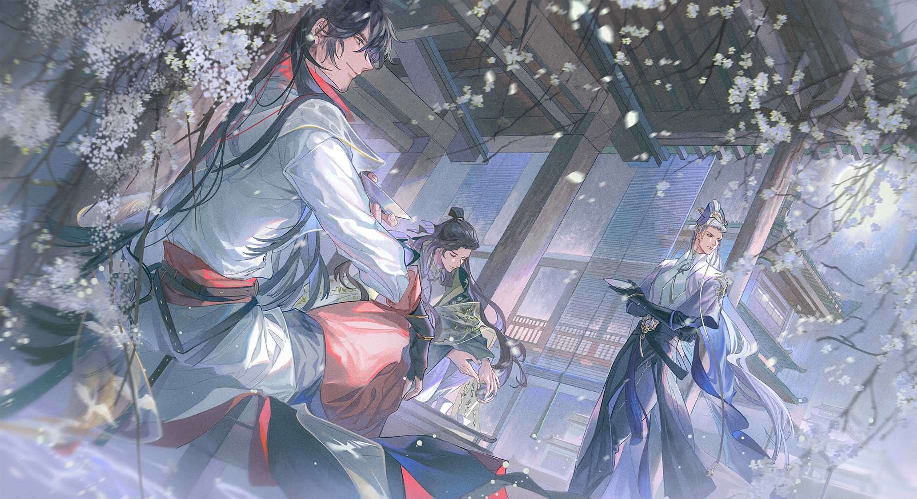 3boys architecture black_hair branch chinese_clothes closed_eyes closed_mouth cup day earrings east_asian_architecture facial_mark falling_petals flower hair_bun hanfu hat highres holding jewelry long_hair long_sleeves multiple_boys outdoors petals ponytail scroll sitting smile standing tree very_long_hair wang_chuan_feng_hua_lu white_hair wide_sleeves yinzinmiemie