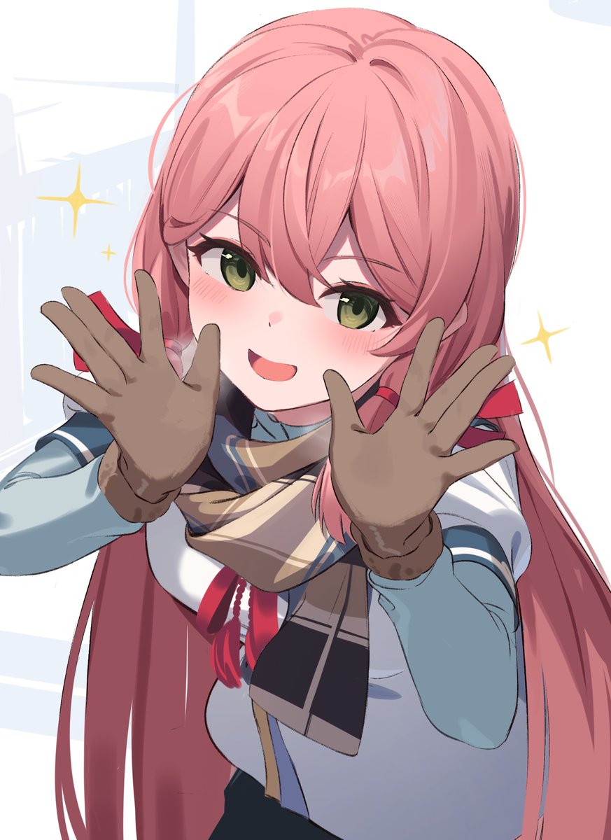 1girl akashi_(kancolle) blue_sailor_collar blunt_tresses brown_gloves brown_scarf gloves green_eyes hair_ribbon highres kantai_collection kokenashi layered_shirt long_hair pink_hair plaid_clothes plaid_scarf ribbon sailor_collar scarf school_uniform serafuku shirt solo sparkle tress_ribbon waving white_shirt