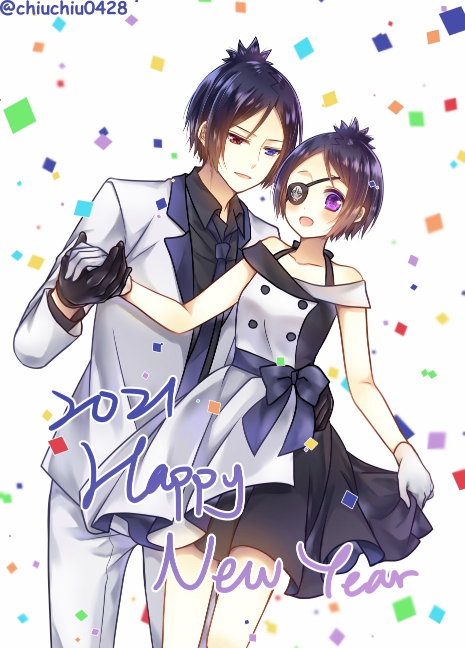 1boy 1girl blue_eyes blue_hair breasts chrome_dokuro dress eyepatch gloves happy_new_year heterochromia highres hihibi katekyo_hitman_reborn! looking_at_viewer new_year open_mouth purple_eyes purple_hair red_eyes rokudou_mukuro short_hair skirt small_breasts smile white_background