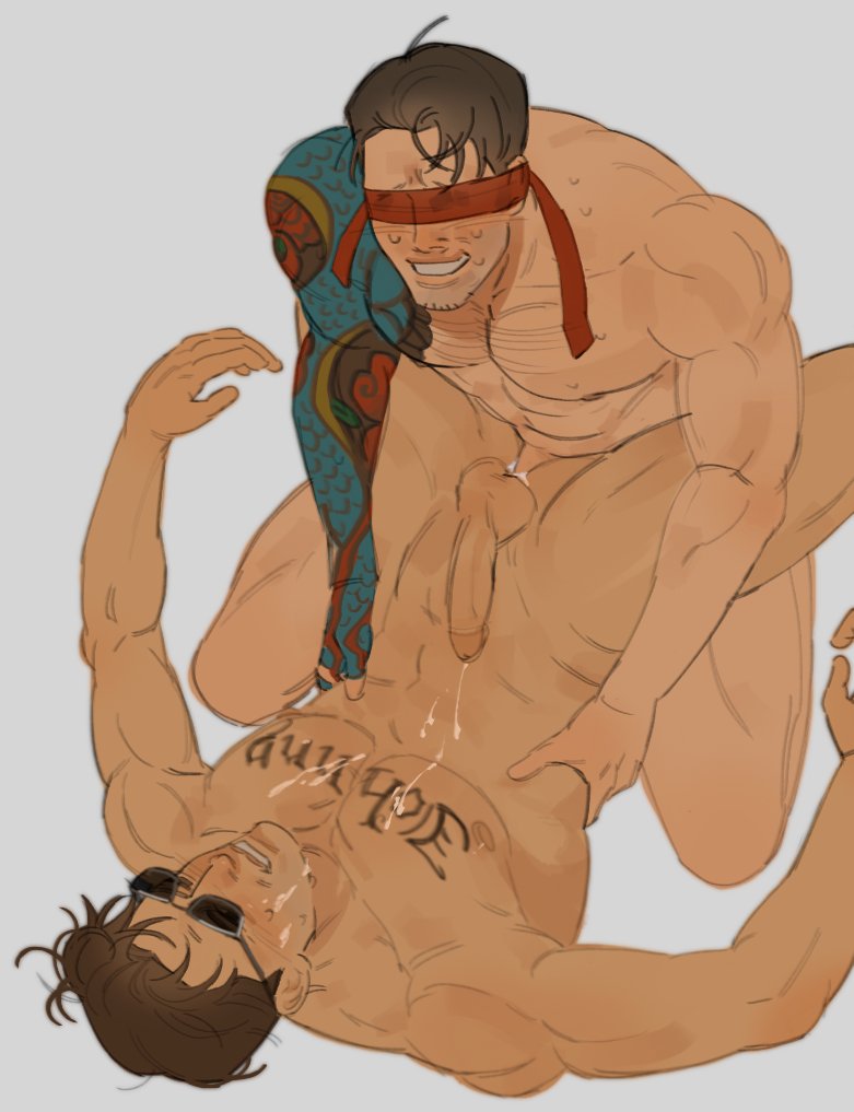 2boys anal arm_tattoo bara blush brown_hair chest_hair chest_tattoo completely_nude covered_eyes cum cum_on_chest ejaculating_while_penetrated ejaculation facial_hair feet_out_of_frame grey_background johnny_cage kenshi_(mortal_kombat) lbgod2d leg_hair male_focus mature_male mortal_kombat_(series) mortal_kombat_1_(2023) multiple_boys muscular muscular_male mustache_stubble nude penis red_blindfold short_hair simple_background smile stubble sunglasses sweat tattoo top-down_bottom-up uncensored yaoi