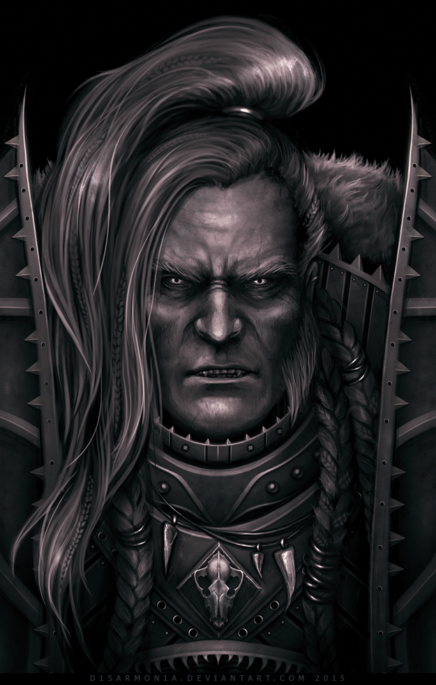 1boy animal_skull animal_skull_ornament armor black_background braid breastplate closed_mouth commentary dated deviantart_username dog_skull english_commentary jewelry leman_russ long_hair looking_at_viewer male_focus monochrome necklace pelt portrait power_armor primarch sharp_teeth simple_background solo space_wolves straight-on teeth tooth_necklace veronica_anrathi warhammer_40k watermark web_address