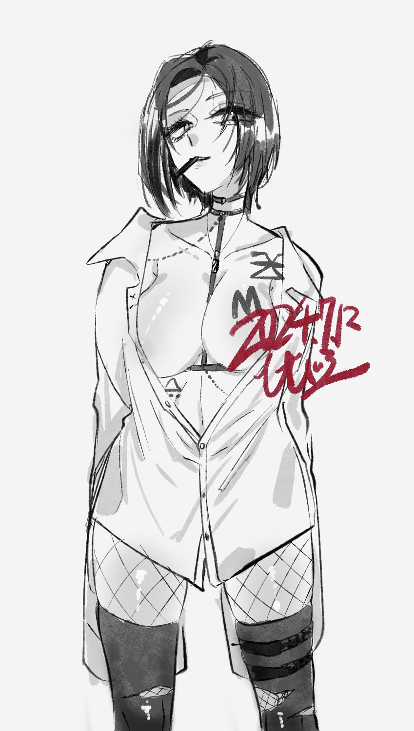1girl alternate_costume bibie307 breasts chest_tattoo collared_shirt crow_(nikke) dated fishnets goddess_of_victory:_nikke greyscale harness highres long_sleeves monochrome naked_shirt shirt short_hair simple_background solo tattoo tears white_background white_shirt