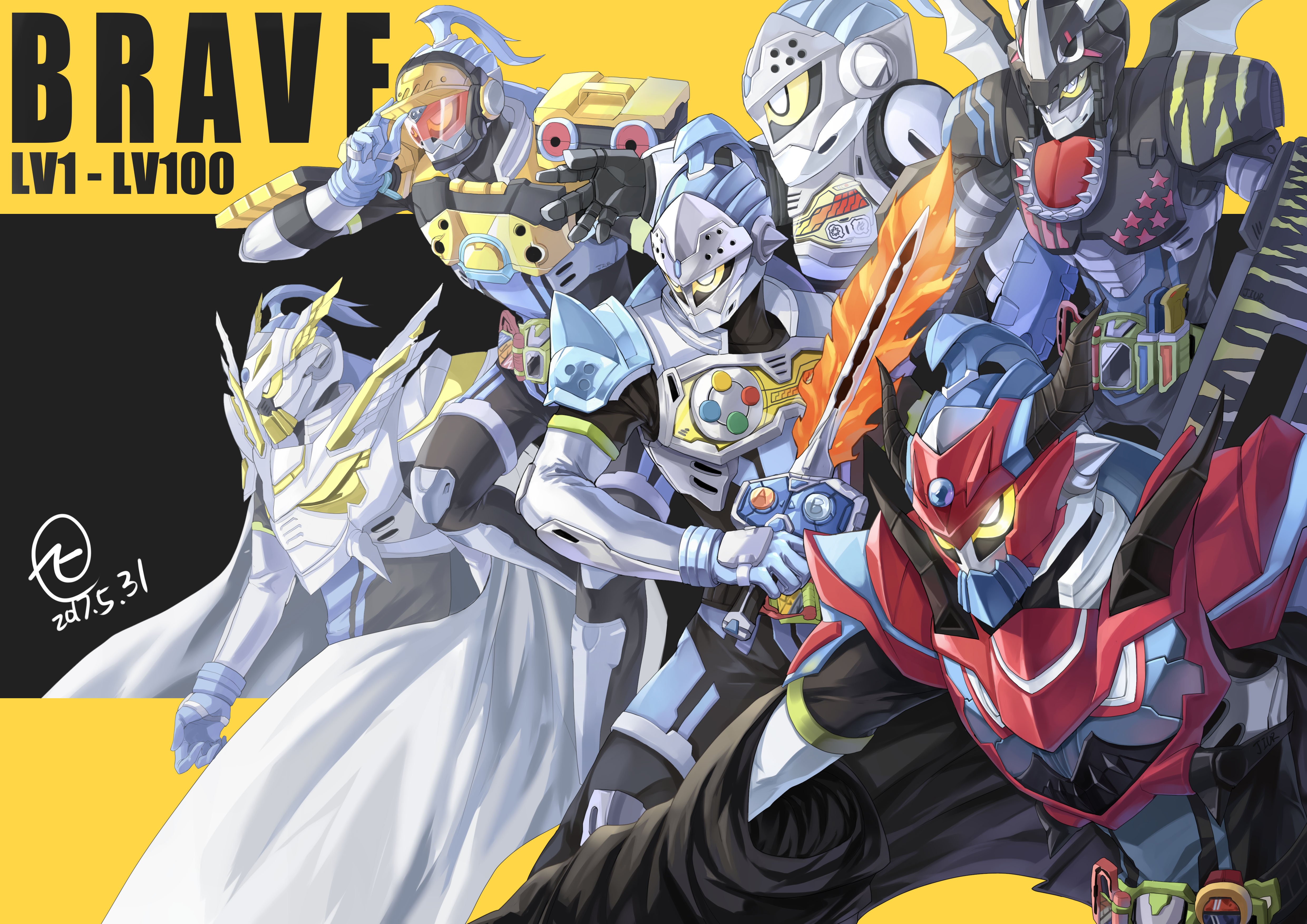 6+boys absurdres armor artist_request cape character_name commentary dated doremifa_beat_level_2 drago_knight_hunter_z_level_5 dual_rider_gashat helmet highres kamen_rider kamen_rider_brave kamen_rider_ex-aid_(series) male_focus multiple_boys rider_belt rider_gashat signature sword taddle_fantasy_level_50 taddle_legacy_level_100 taddle_quest_level_1 taddle_quest_level_2 weapon yellow_eyes