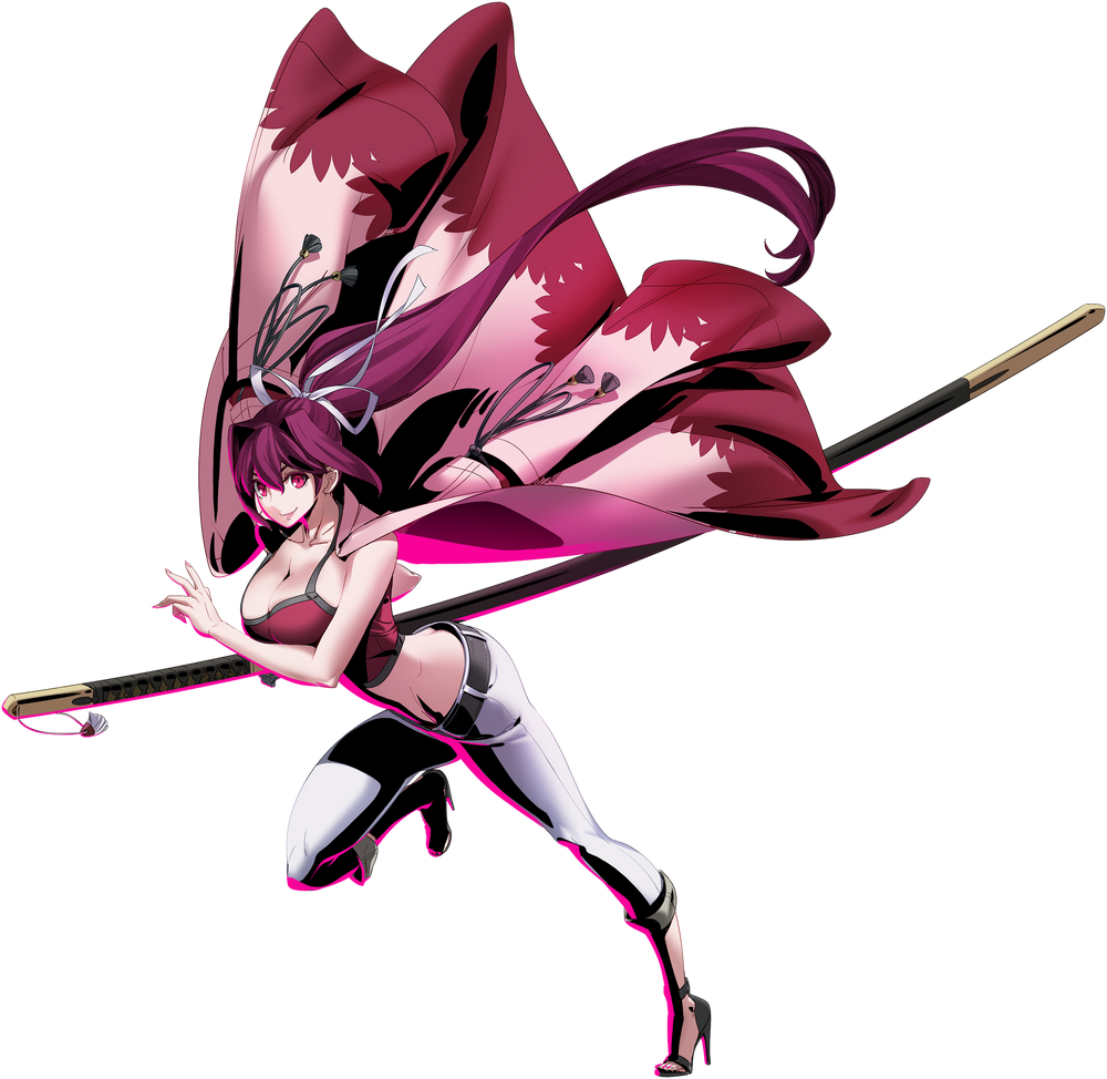1girl artist_request ass breasts butt_crack character_request cleavage downpants high_heels large_breasts long_hair official_art pants ponytail sword tagme under_night_in-birth very_long_hair weapon