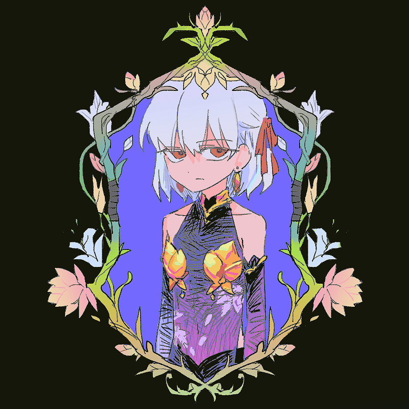 1girl detached_sleeves dress earrings fate/grand_order fate_(series) flower frown grey_hair hair_ribbon jewelry jhwxxxnb kama_(fate) kama_(first_ascension)_(fate) light_frown orange_hair plant purple_dress ribbon solo upper_body vines