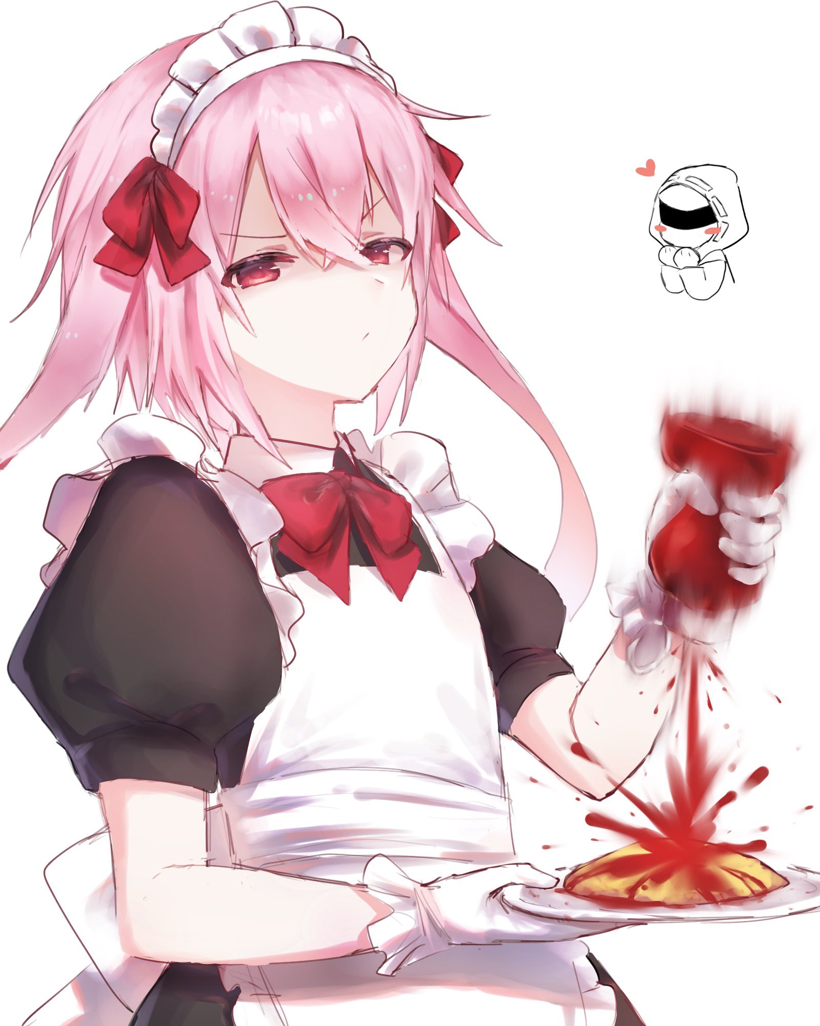 1boy 1other alternate_costume animal_ears ansel_(arknights) apron arknights bow crossdressing cup doctor_(arknights) enmaided food gloves highres holding ketchup maid maid_headdress male_focus omelet omurice pink_hair puffy_short_sleeves puffy_sleeves rabbit_boy rabbit_ears red_bow rinzy short_sleeves simple_background trap white_background white_gloves
