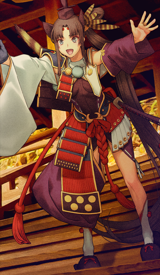 1girl architecture armor asymmetrical_clothes asymmetrical_legwear asymmetrical_sleeves baggy_pants black_hair black_hat black_shirt blue_eyes breast_curtains breasts commentary curtained_hair detached_sleeves eyeshadow fate/grand_order fate_(series) feather_hair_ornament feathers full_body hair_ornament hat japanese_armor japanese_clothes katana leaning_forward long_hair makeup medium_breasts mismatched_legwear mismatched_sleeves official_art open_mouth outdoors outstretched_arms pants photo_background purple_pants purple_sleeves red_eyeshadow sakamoto_mineji sheath sheathed shirt side_ponytail sidelocks single_pantsleg single_wide_sleeve smile solo stairs standing sword tassel tate_eboshi third-party_source ushiwakamaru_(fate) ushiwakamaru_(tour_outfit)_(fate) very_long_hair weapon white_sleeves